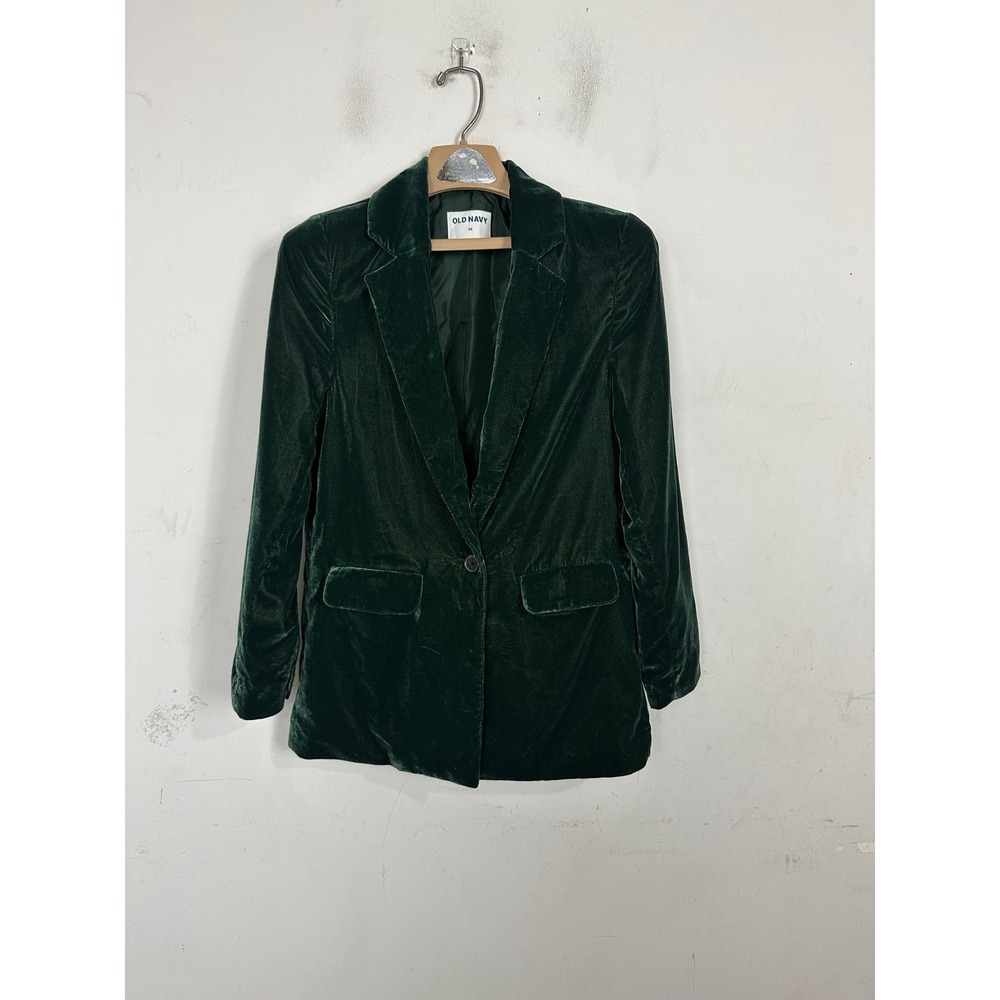 Old Navy Womens XS Dark Green Velvet Single Button Blazer Jacket Notched Lapel